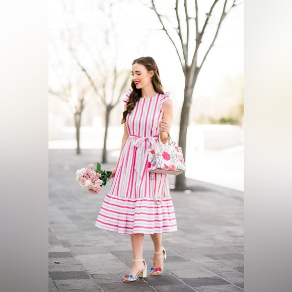 kate spade Dresses & Skirts - Kate Spade  Pink and White Peach Sherbert Midi Dress Striped Midi Dress, Size 14